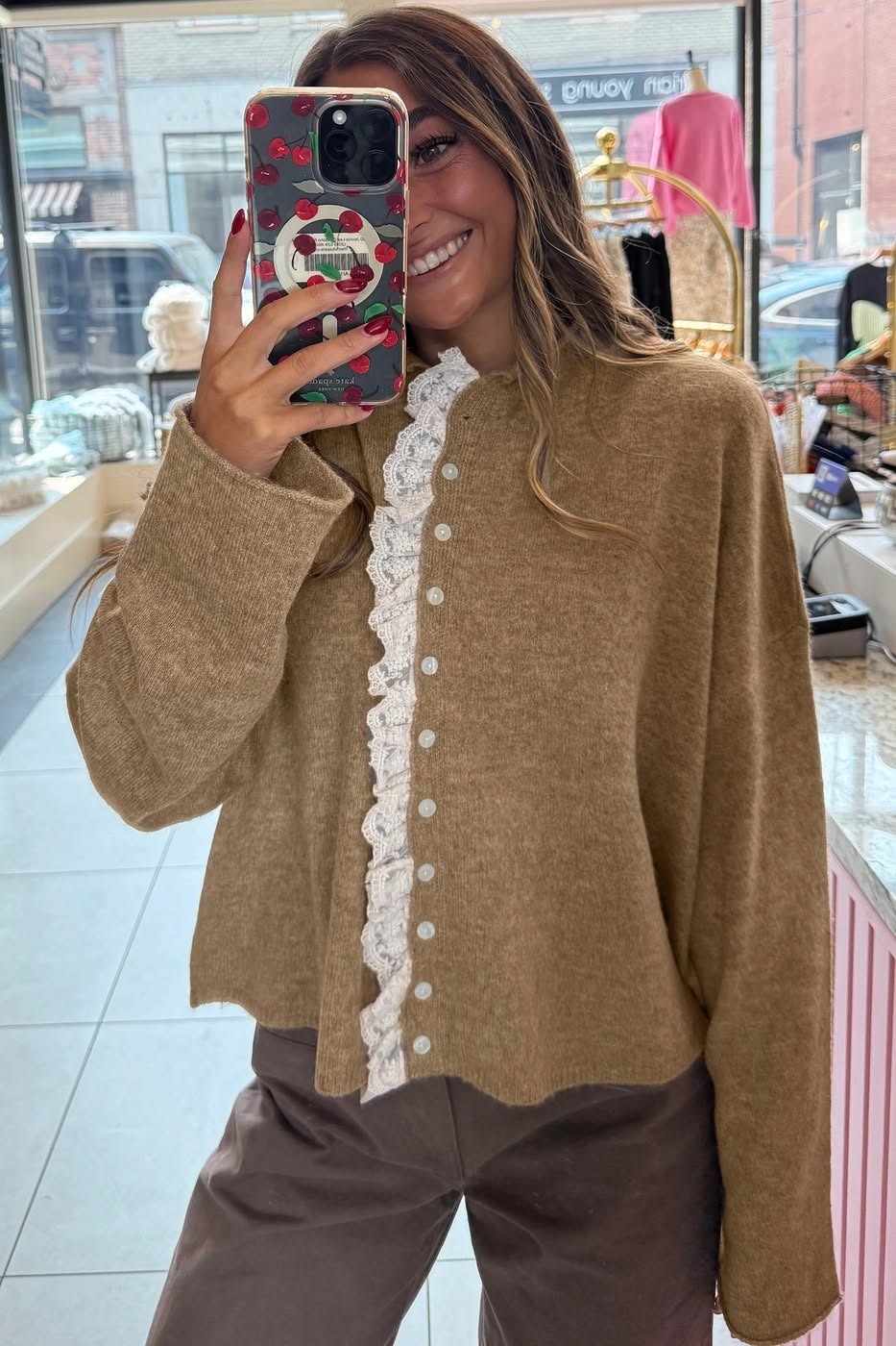 Contrast Frilled Lace Trim Loose Cardigan Sweater