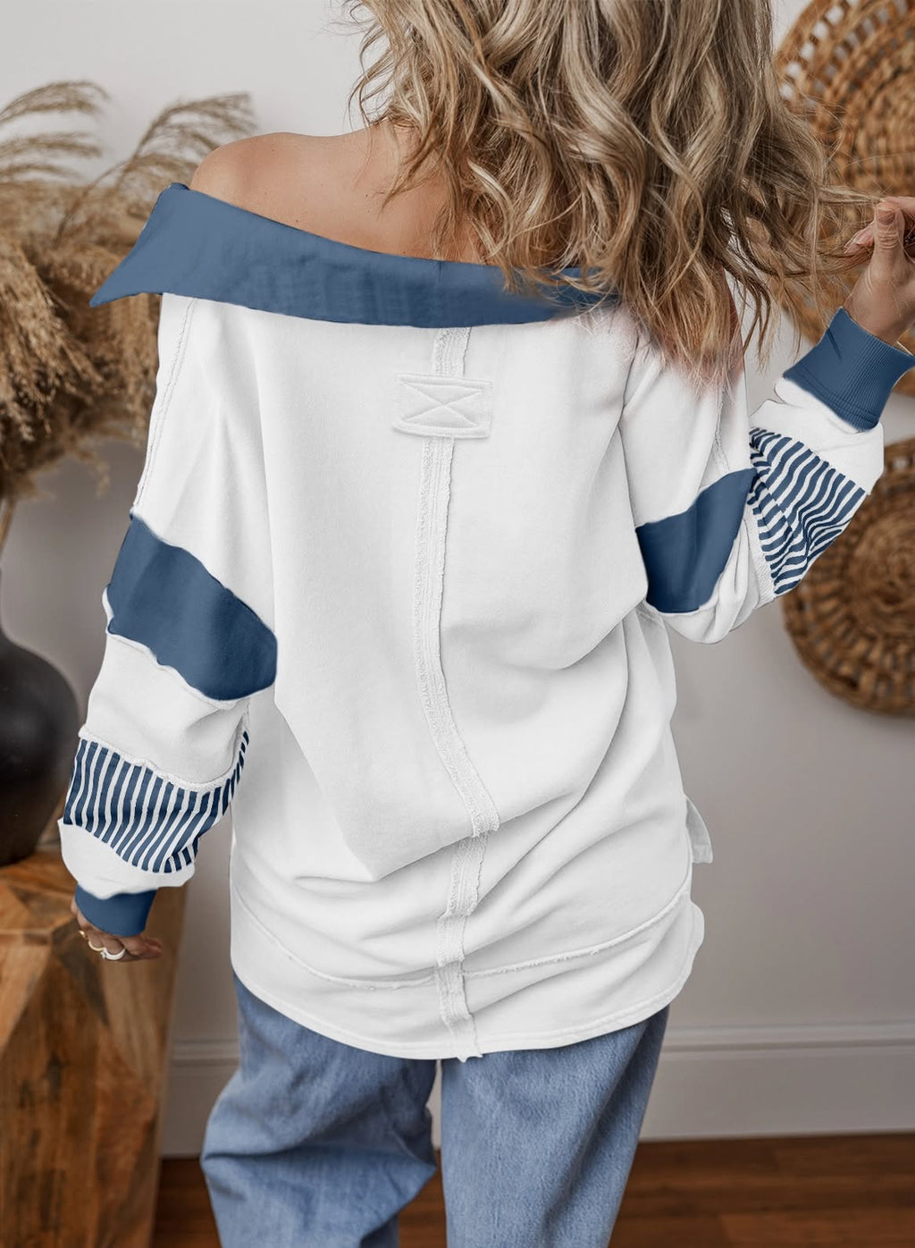 V-Neck Stripe Colorblock Long Sleeve Loose Casual Sweatshirt
