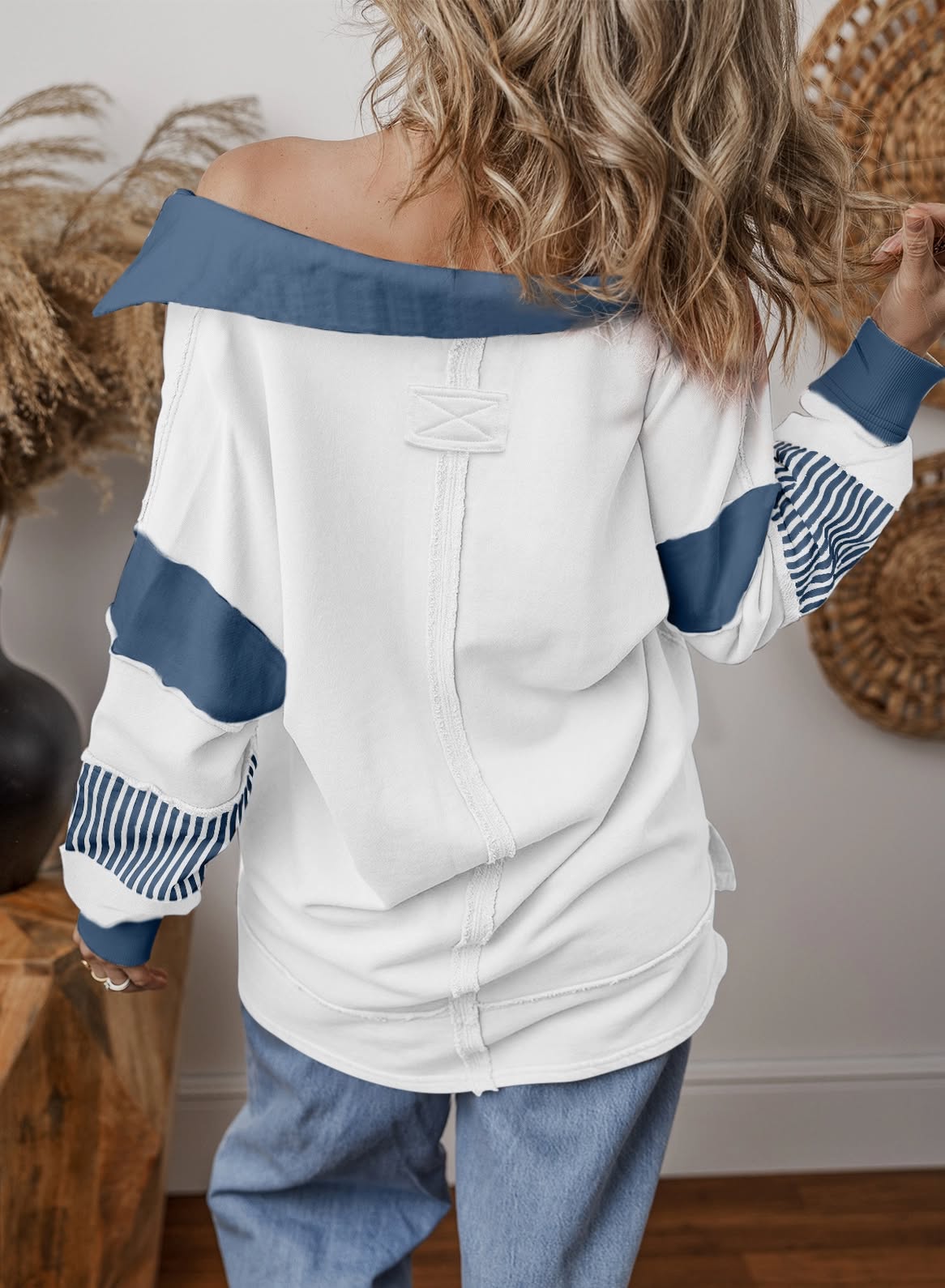 V-Neck Stripe Colorblock Long Sleeve Loose Casual Sweatshirt