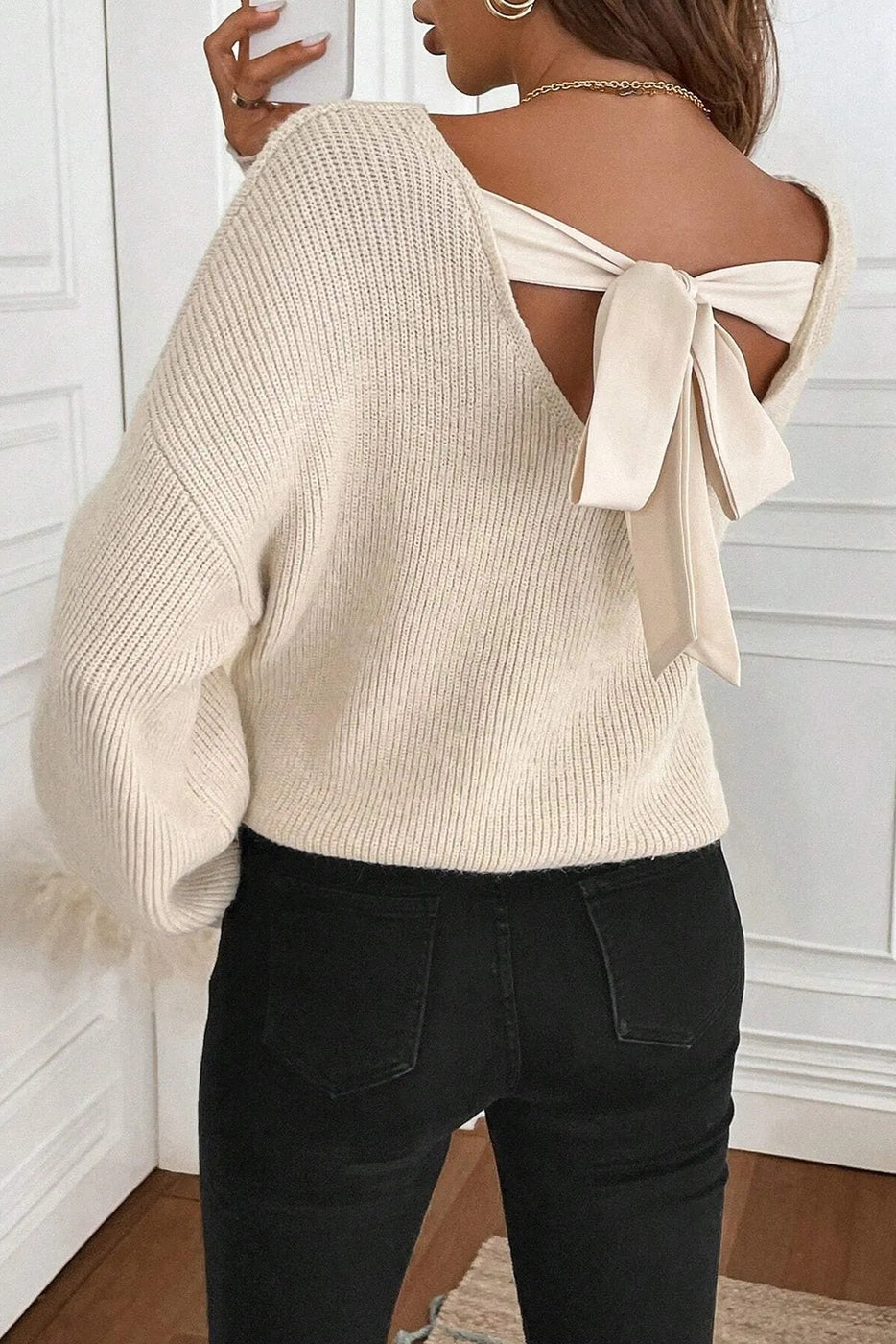 Ribbed Knit Ribbon Knot Backless Drop Shoulder Sweater