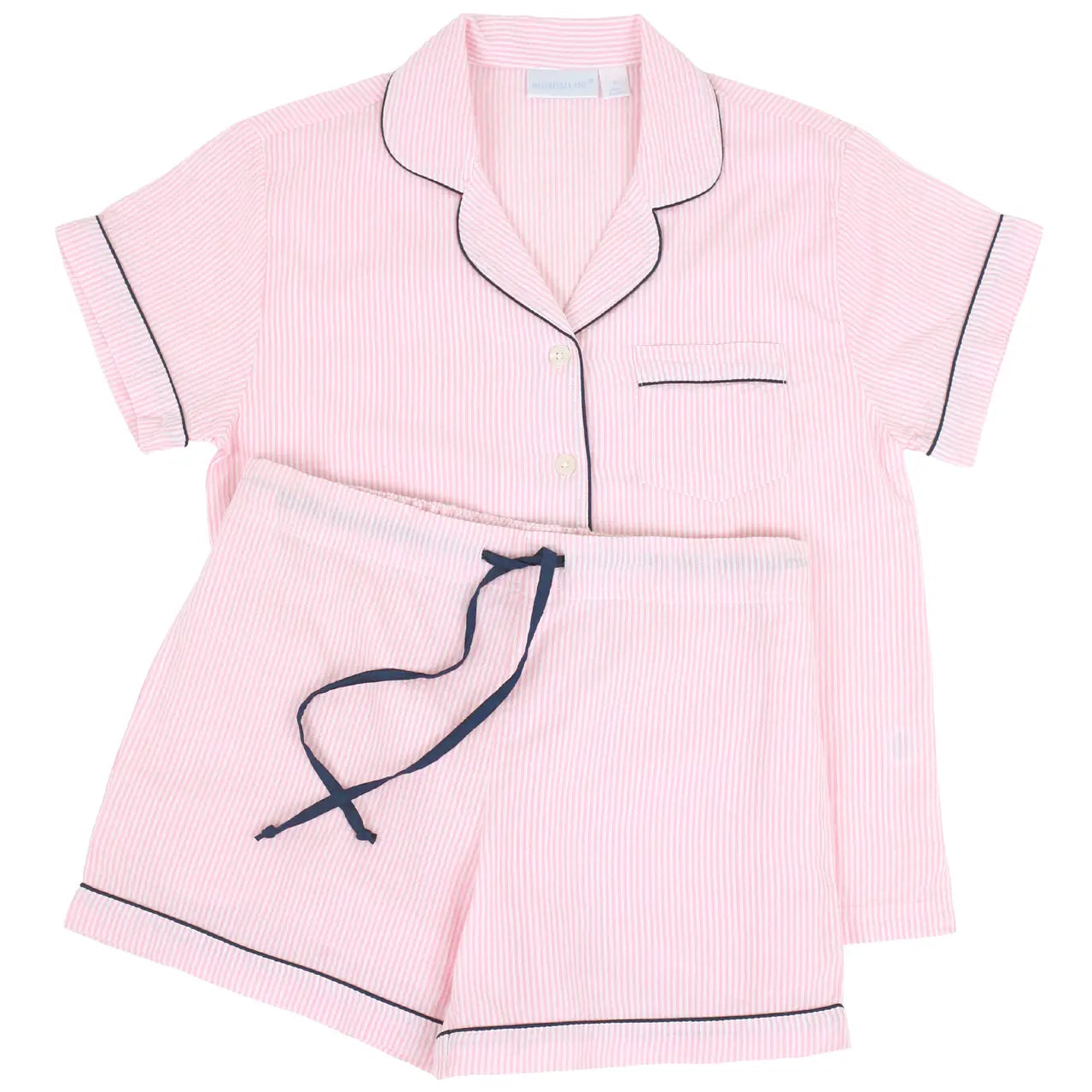 Pink Seersucker-Navy Short Sleeve Shorty Pajamas