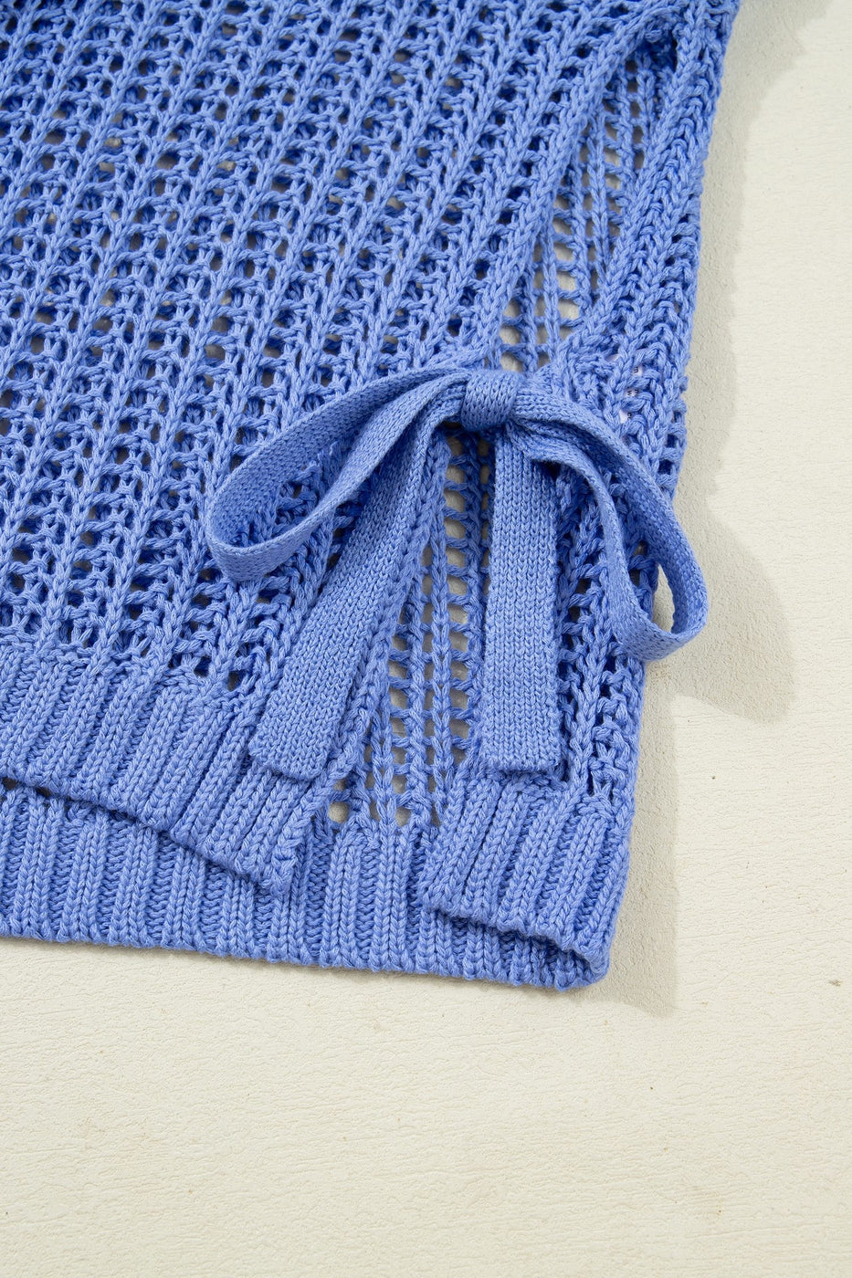 Open Knit Bow Tie Short Sleeve Sweater