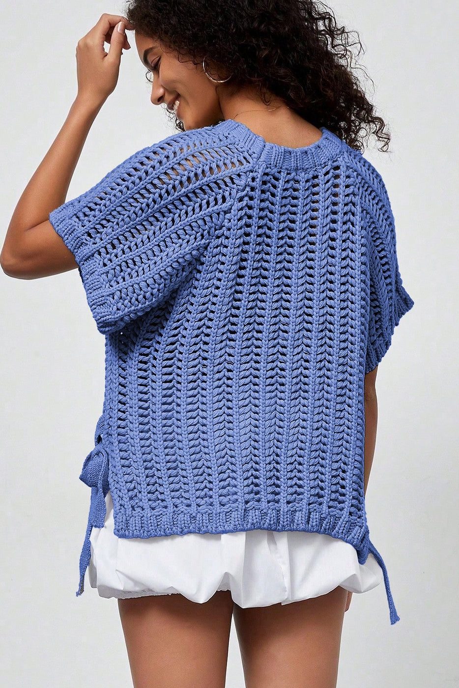 Open Knit Bow Tie Short Sleeve Sweater