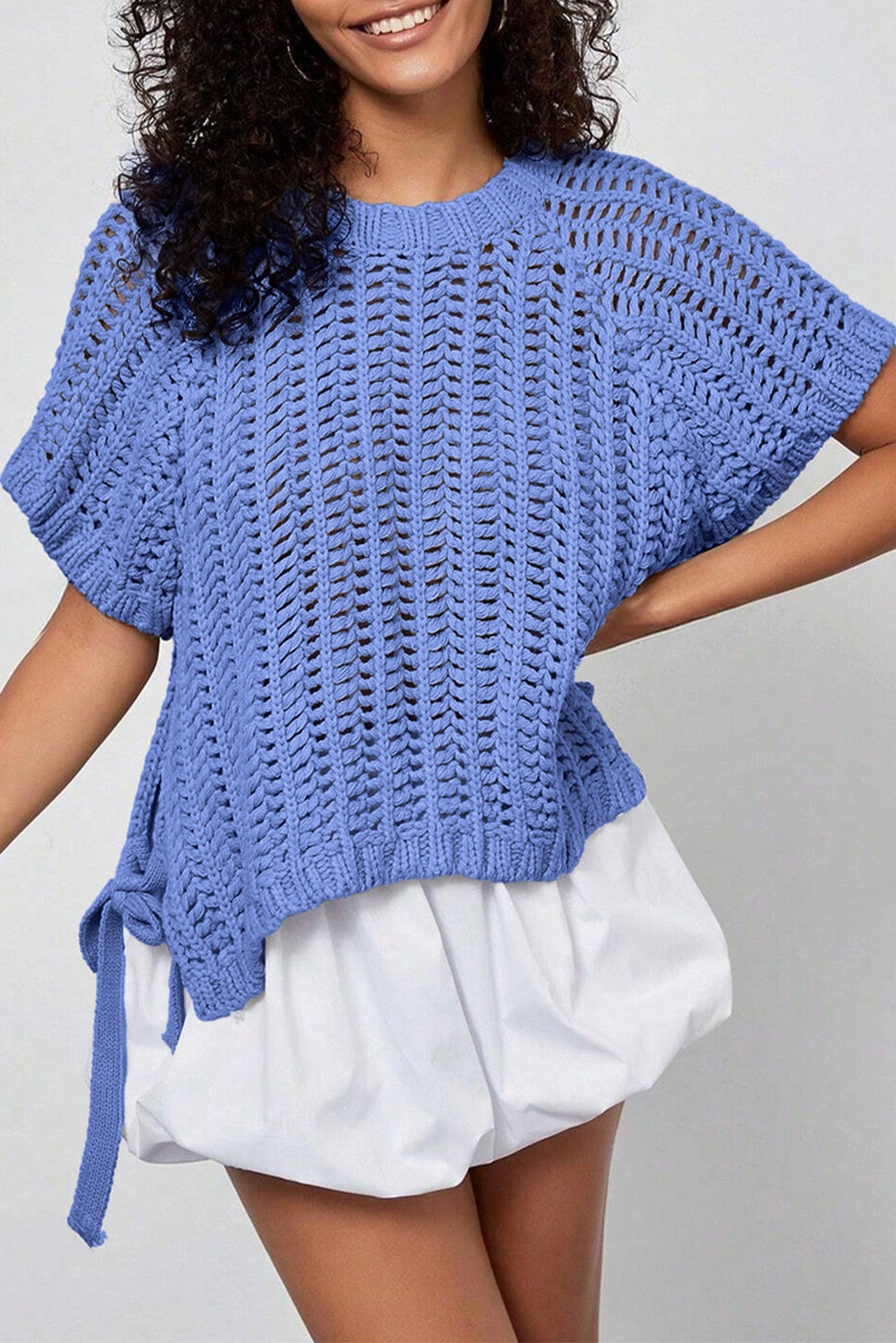 Open Knit Bow Tie Short Sleeve Sweater