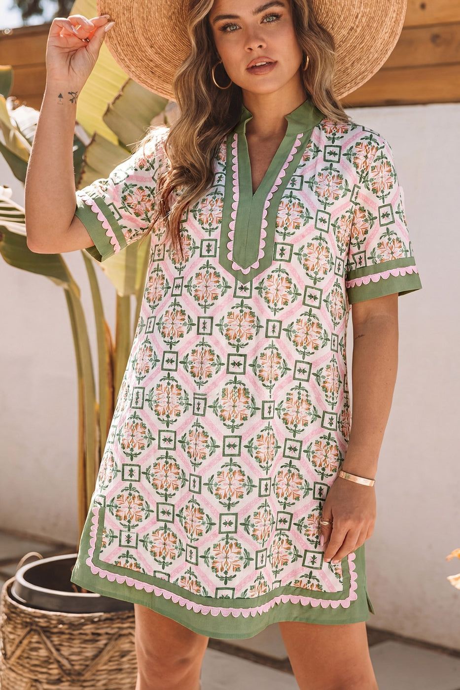 Boho Geometric Flower Print Short Sleeve Loose Mini Dress
