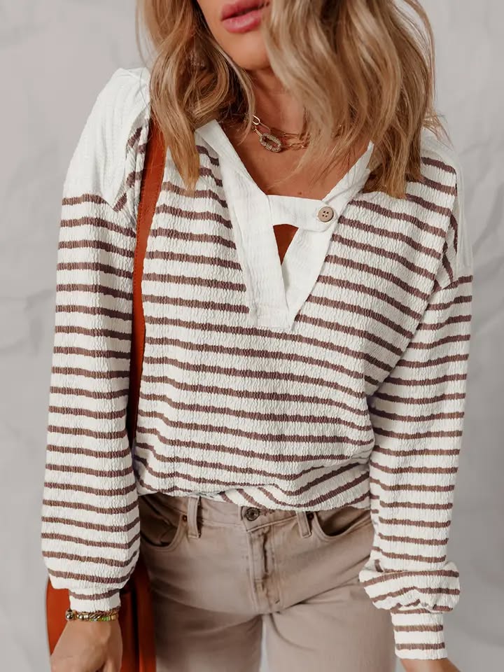 Stripe Textured Hooded V-Neck Casual Long Sleeve Top