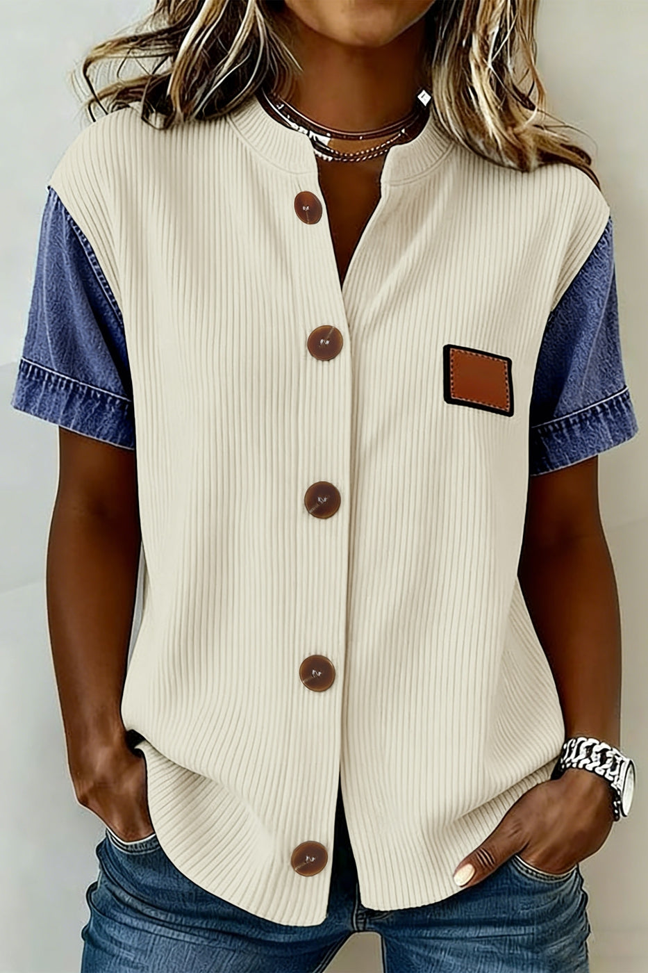 Denim Patchwork Short Sleeve Ribbed Shirt