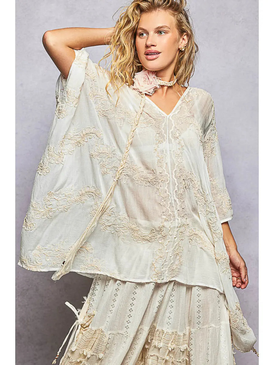 Embroidered Kimono Top with Back Tassel