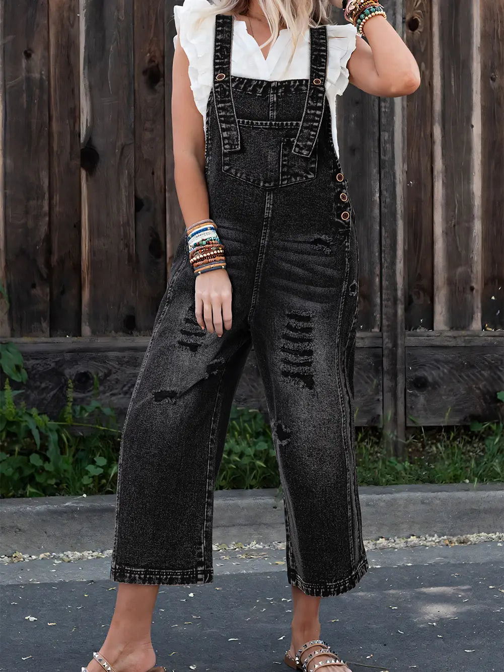 Black Distressed Bib Pocket Overalls