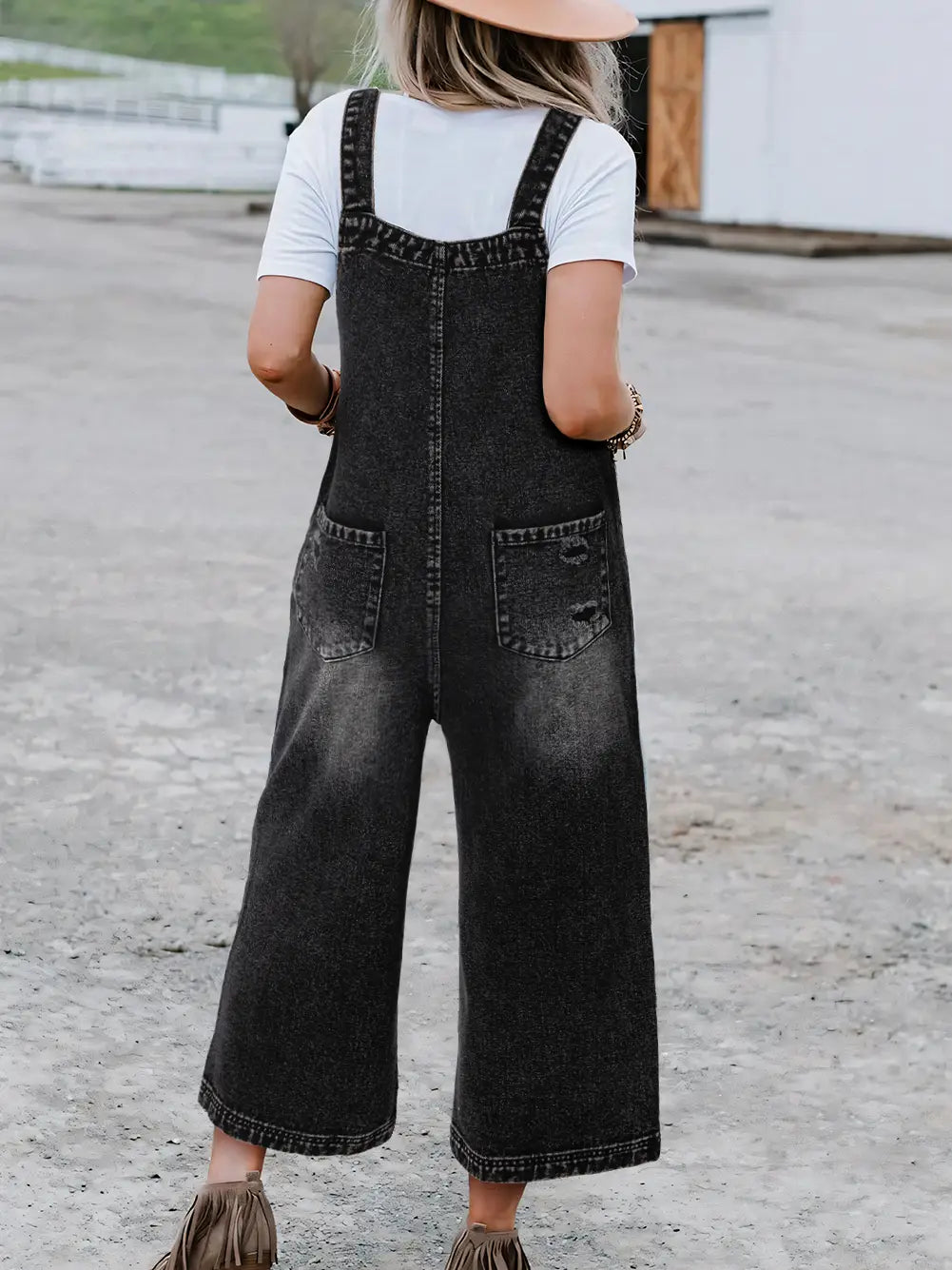 Black Distressed Bib Pocket Overalls