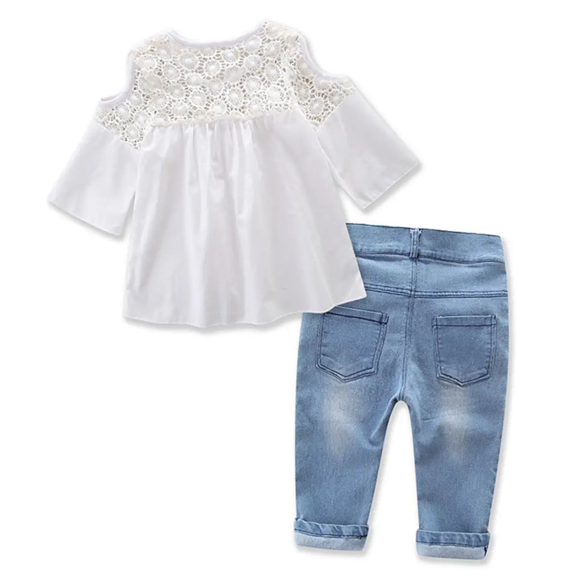 Lace Off Shoulder 3/4 Sleeve Blouse & Jeans 2pcs Girl Outfit