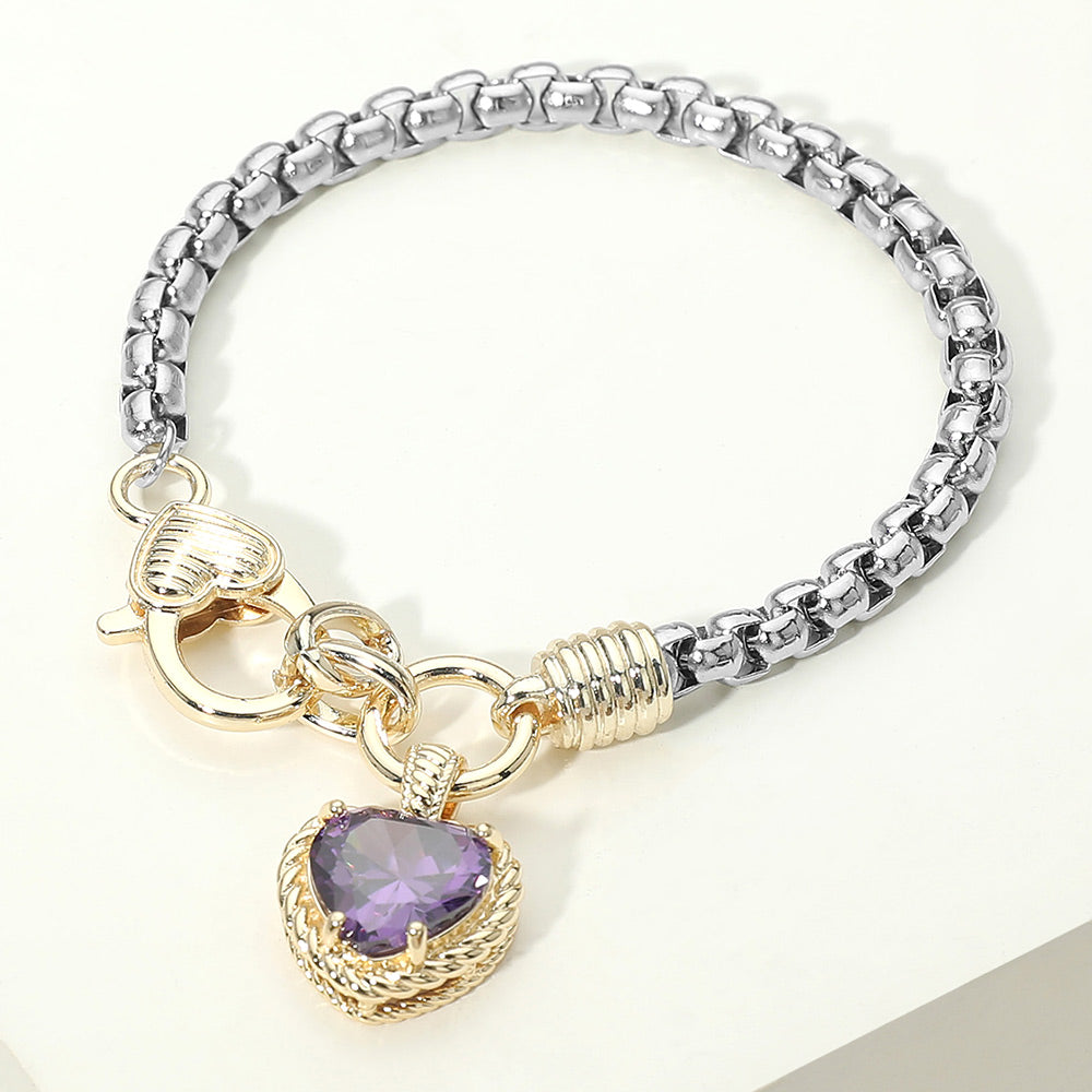 Two Tone CZ Stone Heart Charm Bracelet