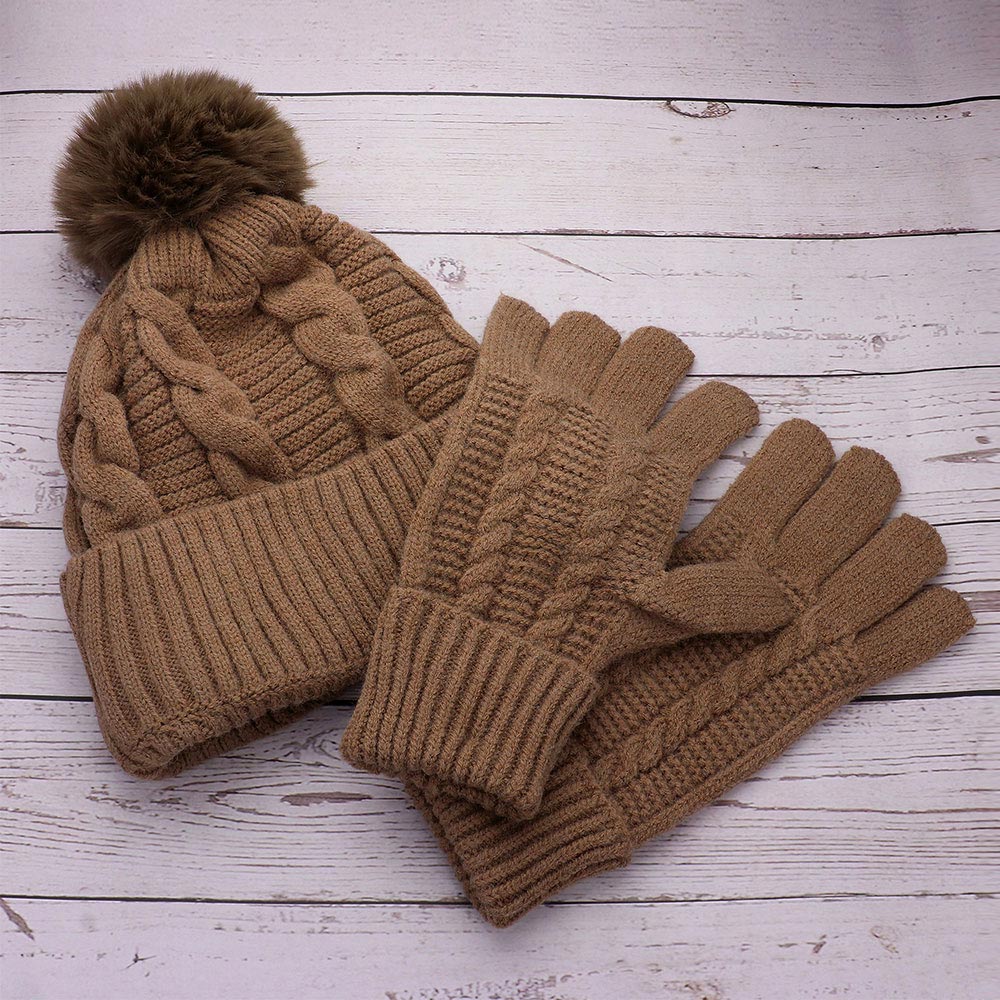 Cable Knit Pom Pom Hat & Glove Set