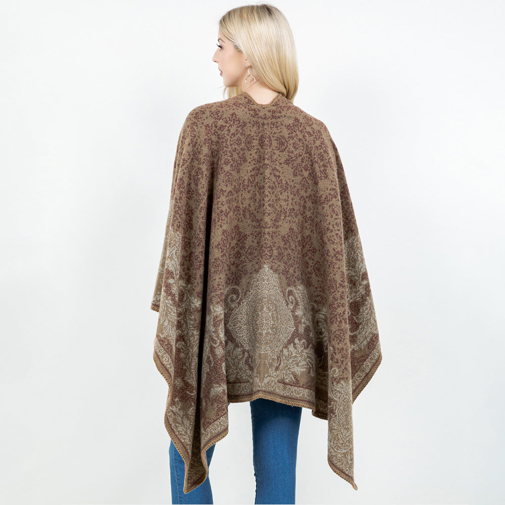 Open Front Baroque Floral Border Print Shawl Wrap Poncho with Loop