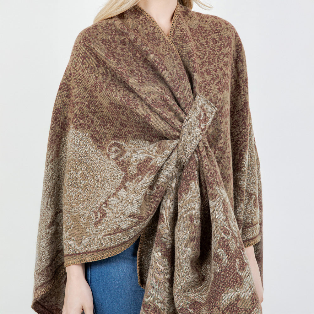 Open Front Baroque Floral Border Print Shawl Wrap Poncho with Loop