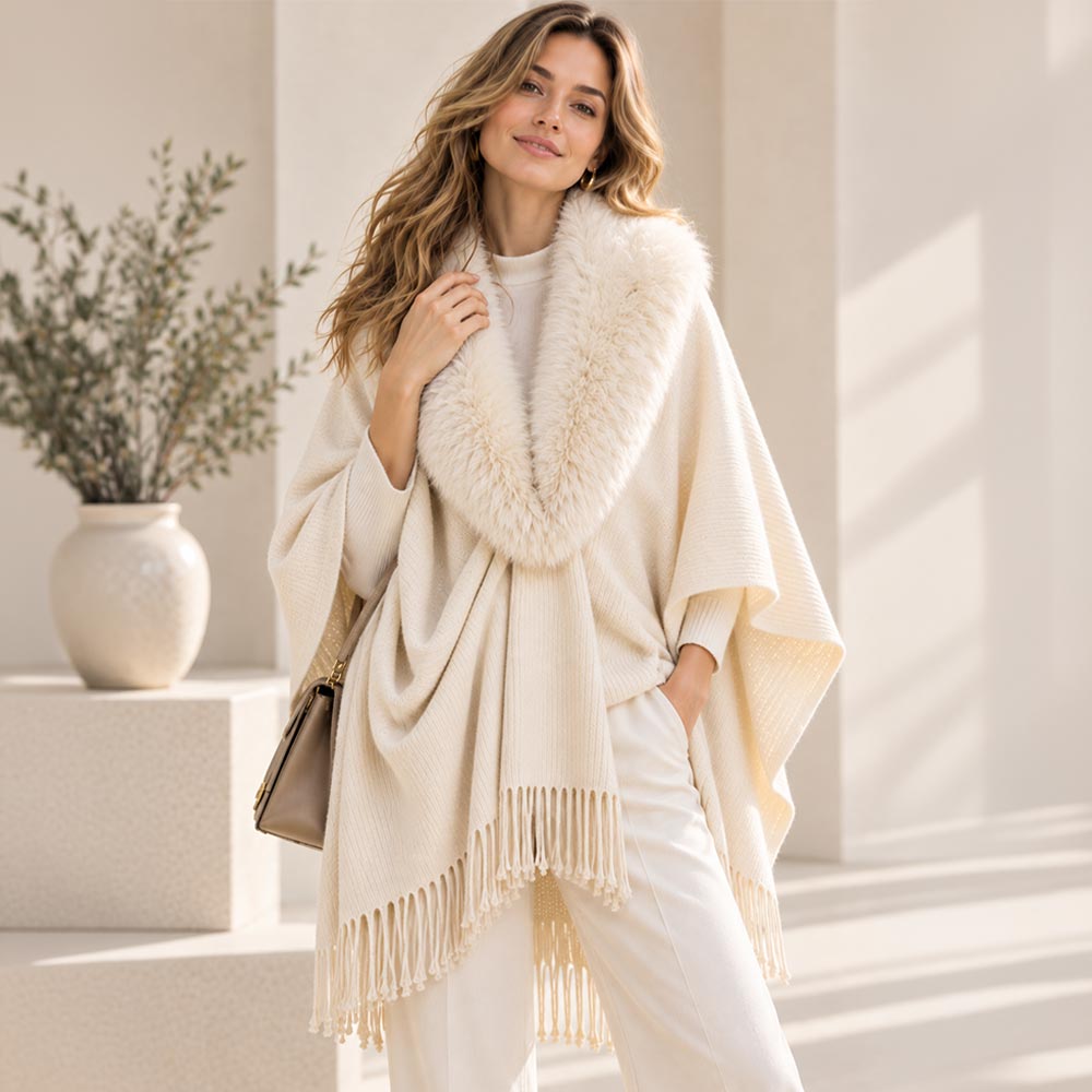 Faux Fur Collar Trim Fringe Poncho