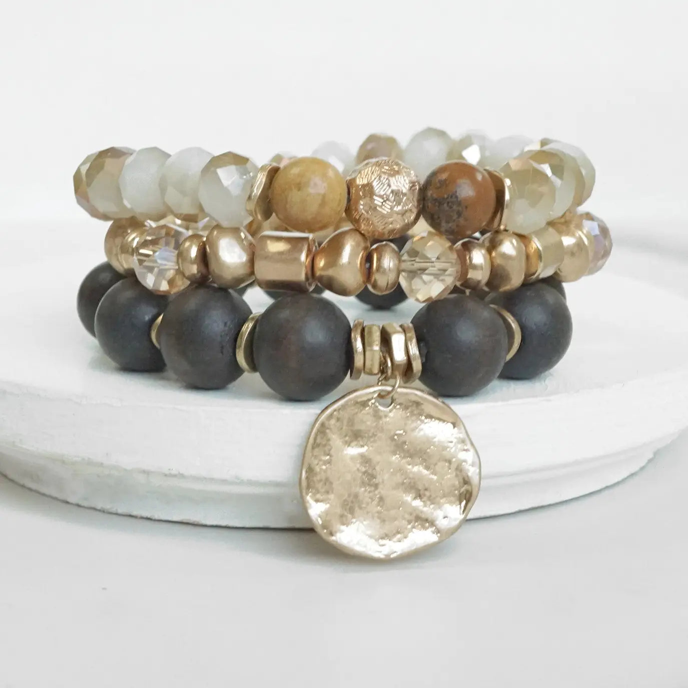 Boho Beads Coin Bracelets Statement Set in Brown