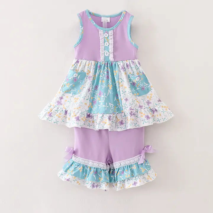 Girls Summer Lavender Floral Lace Ruffles Shorts Set