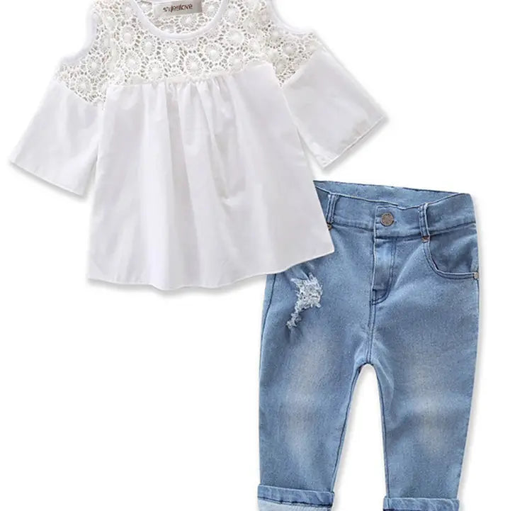 Lace Off Shoulder 3/4 Sleeve Blouse & Jeans 2pcs Girl Outfit