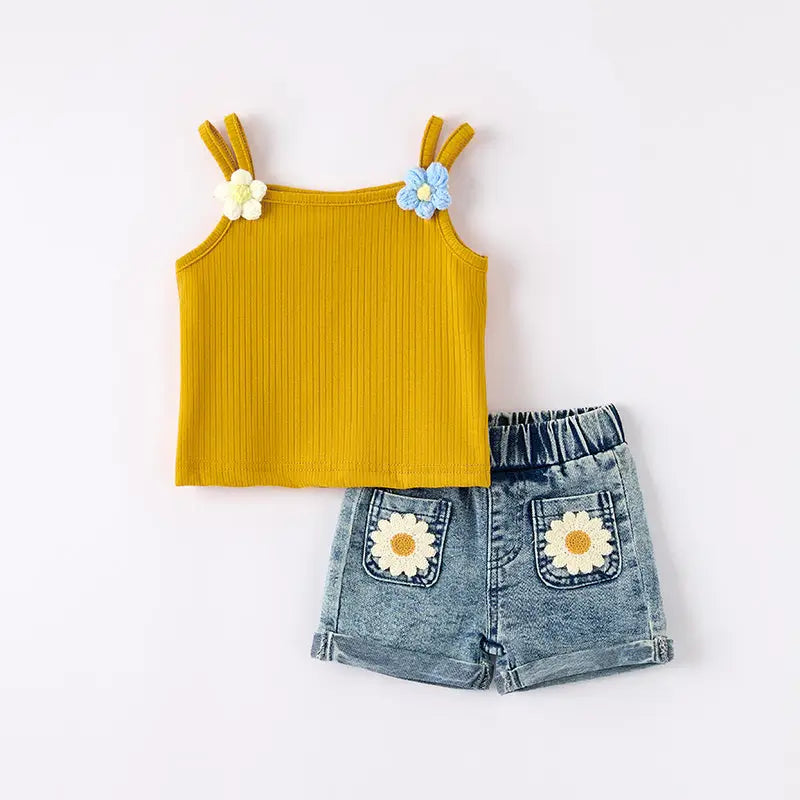 Girls Summer Mustard Top Flower Denim Short Set