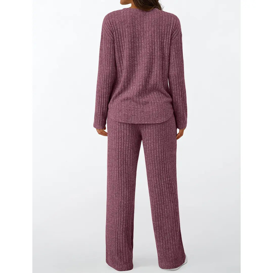 Ribbed Button Long Sleeve Top and Pants Pajama Set