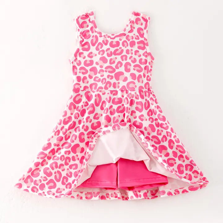 Girls Summer Pink Leopard Print Outdoor Athletic Twirl Dress