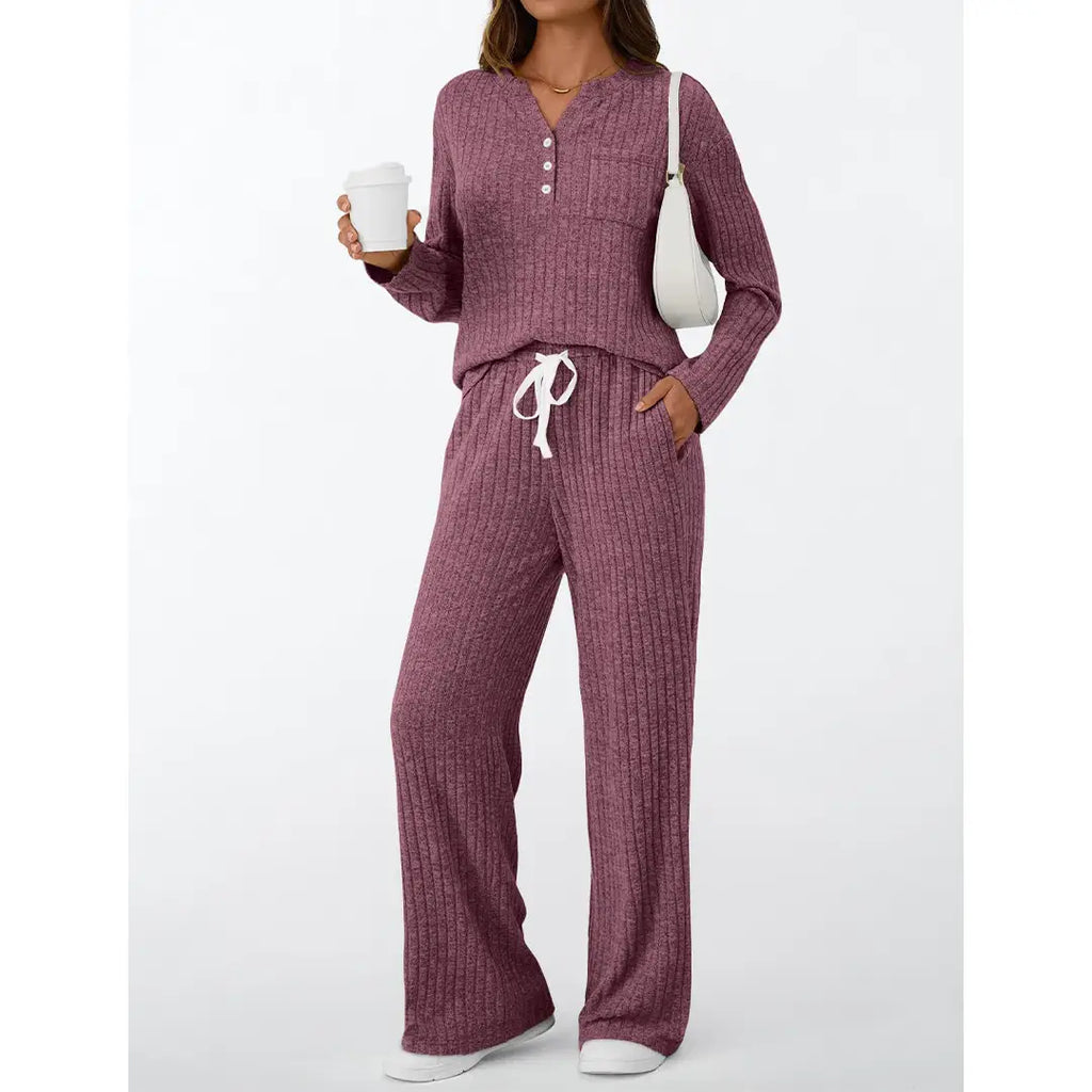Ribbed Button Long Sleeve Top and Pants Pajama Set