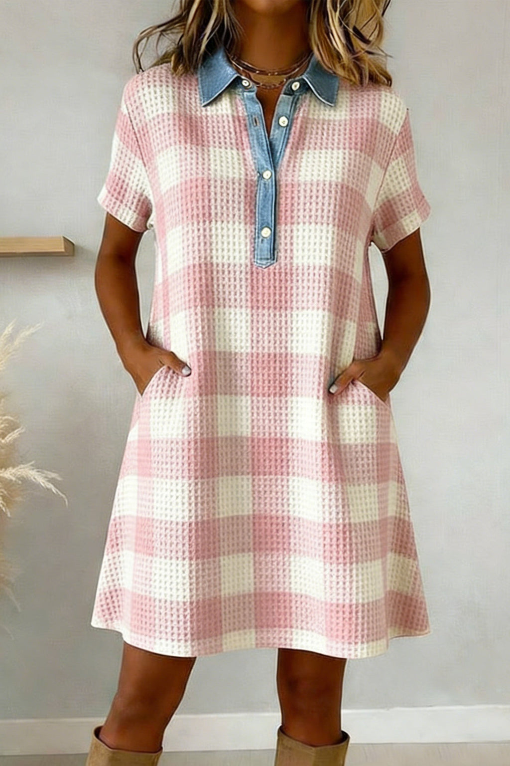 Waffle Plaid Print Dress