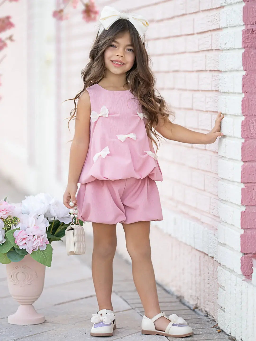 Girls Summer Pink Bow Fashion Cute Short Set