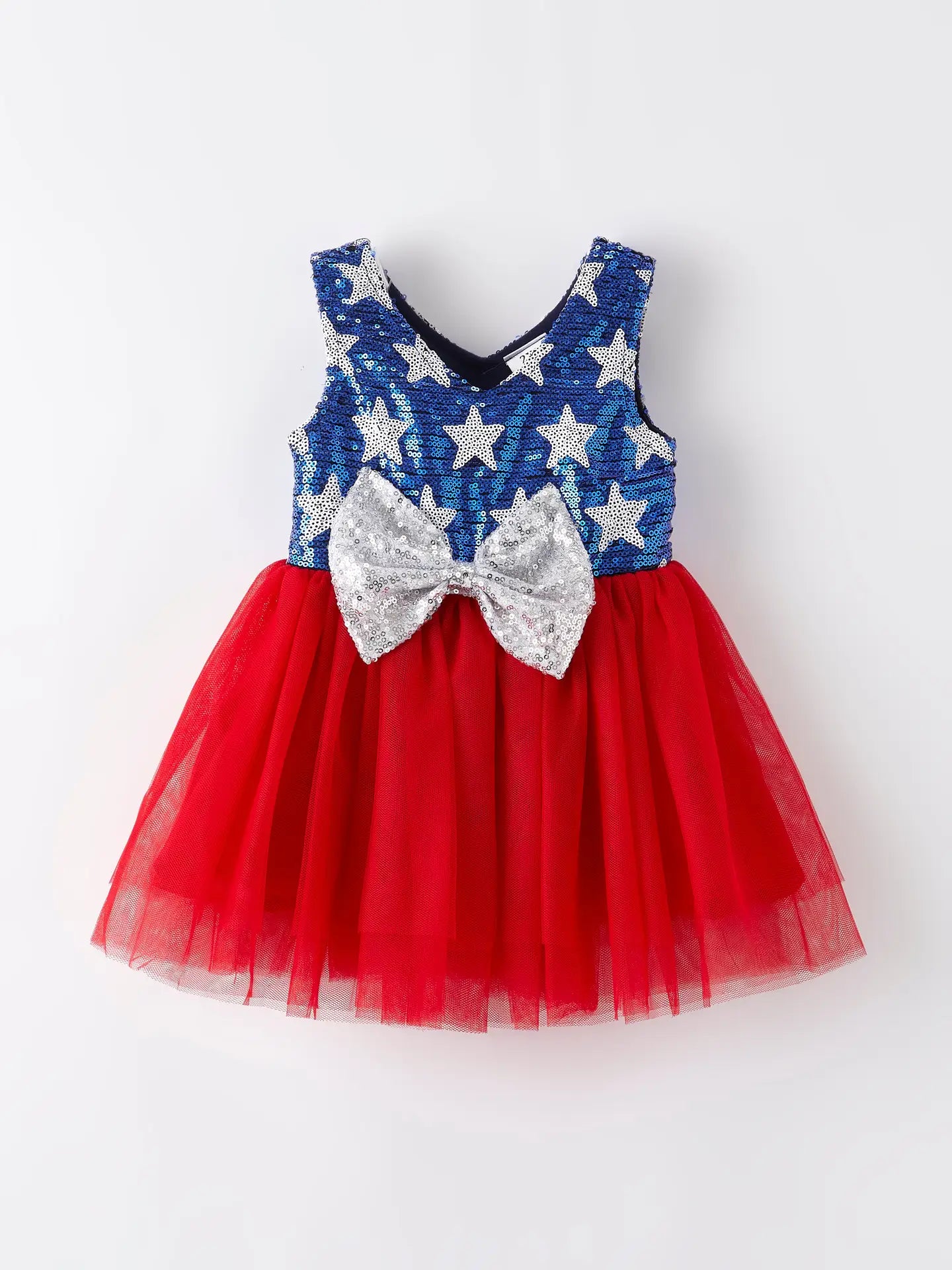 Girls 4th of July Blue Star Sequins Red Tulle Dress