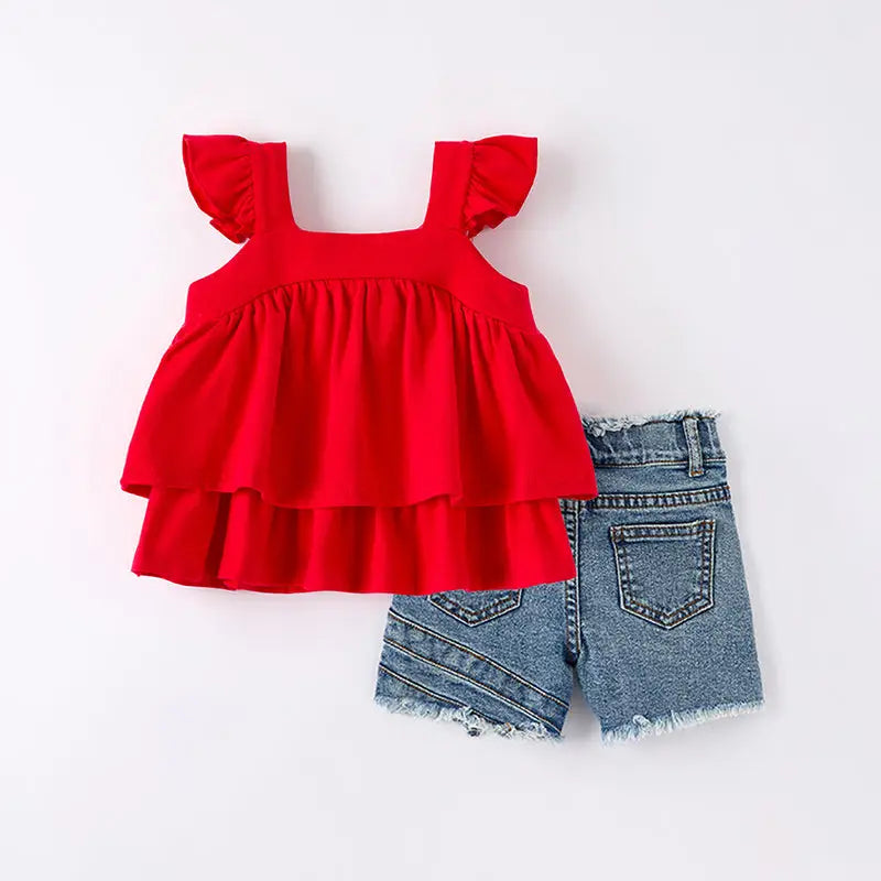 Girls Summer Red Ruffled Top Denim Short Set