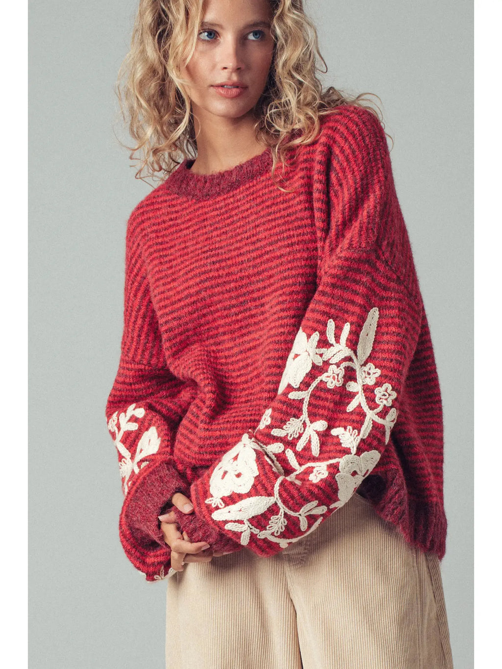 Floral Embroidered Striped Knit Sweater