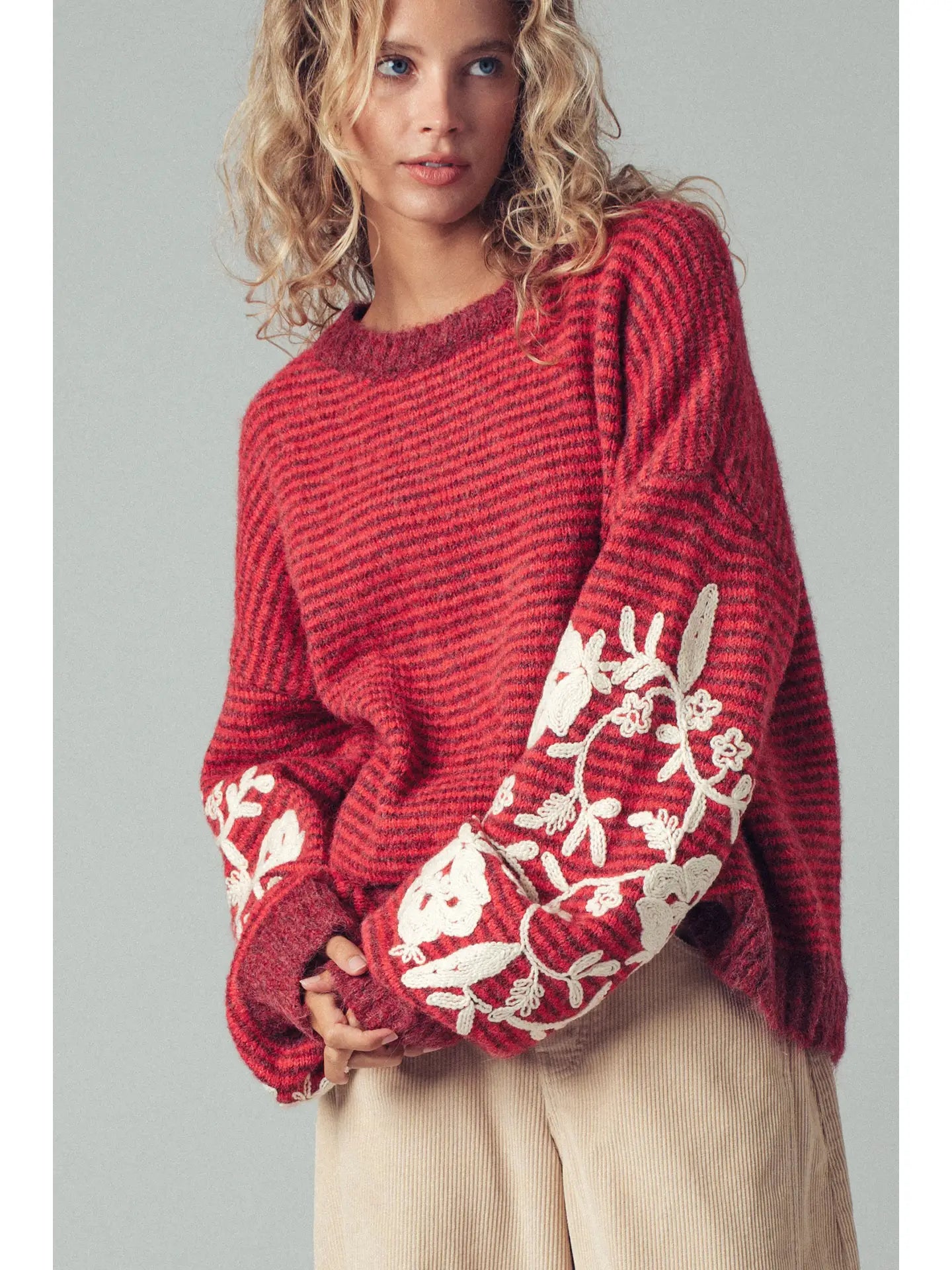 Floral Embroidered Striped Knit Sweater