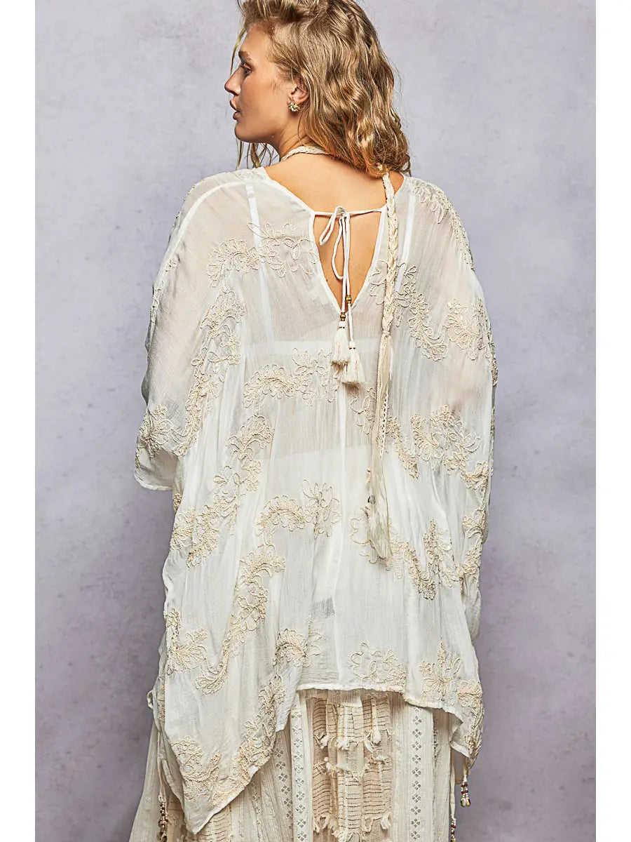 Embroidered Kimono Top with Back Tassel
