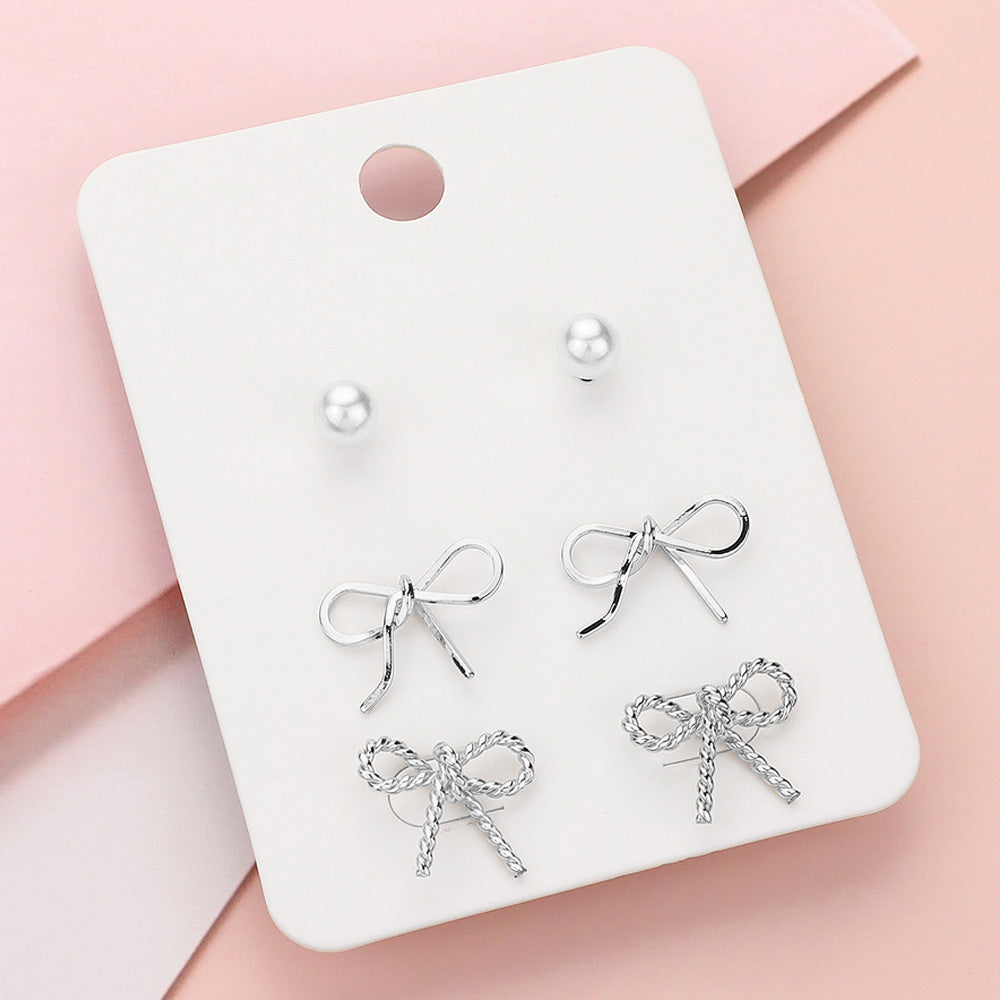 Pearl Metal Bow Earrings