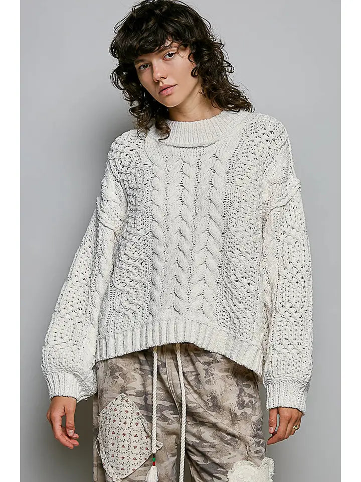 Mock Neck Balloon Sleeve Cable Knit Pullover Sweater